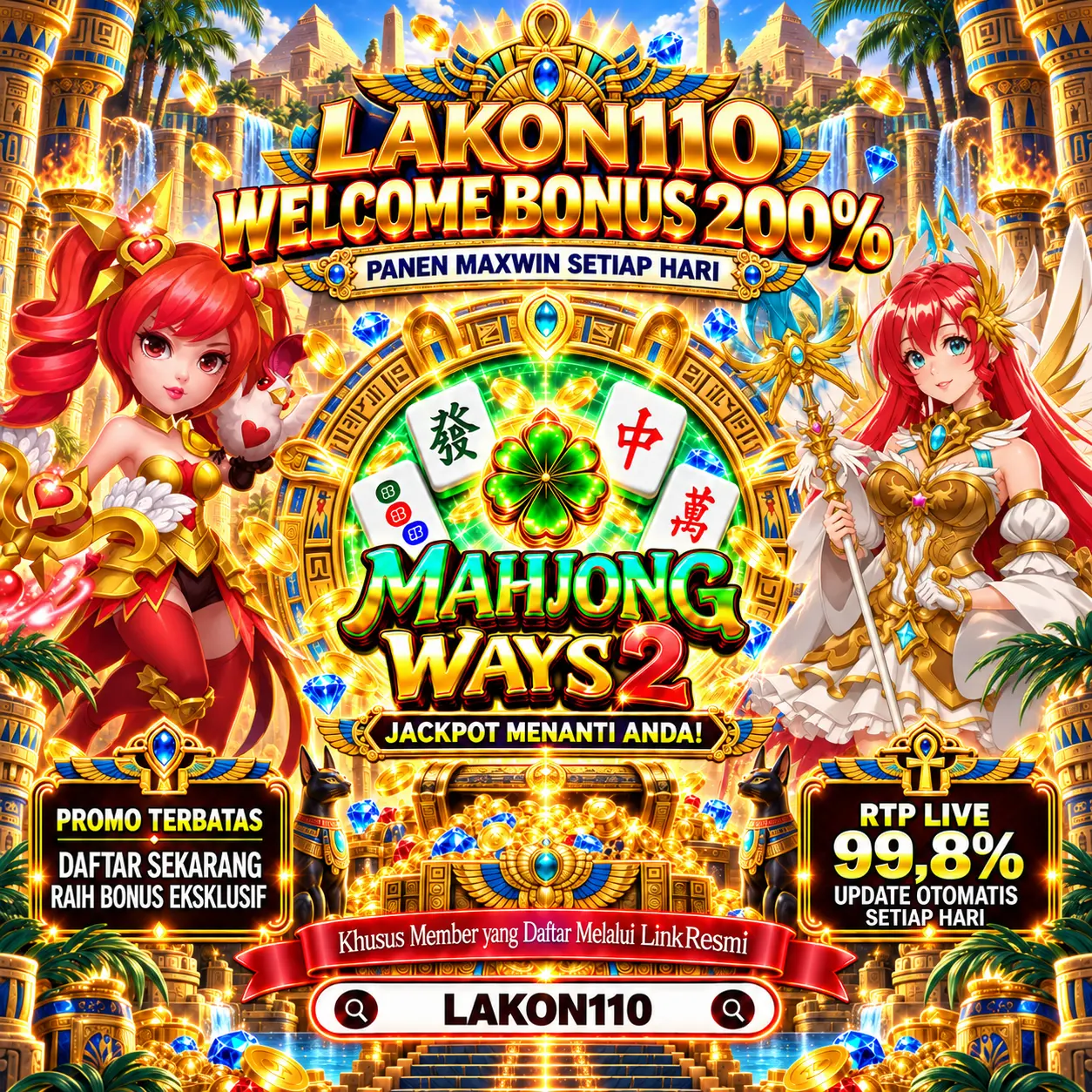 Banner LAKON110 bertema hitam dan emas, dengan ilustrasi karakter platform game online.